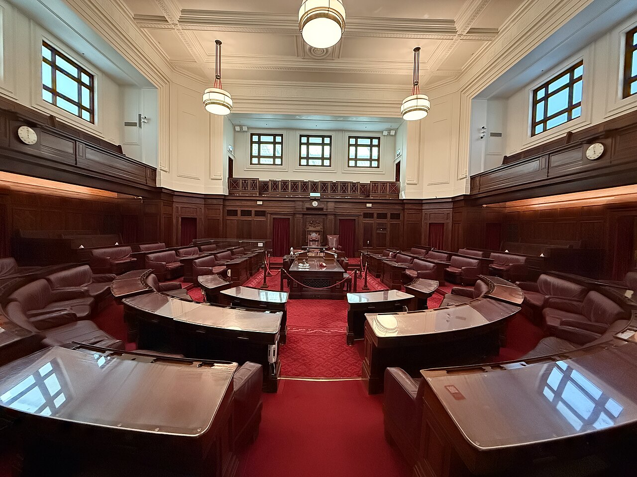 Red benches in the former Senate chamber at Old Parliament House